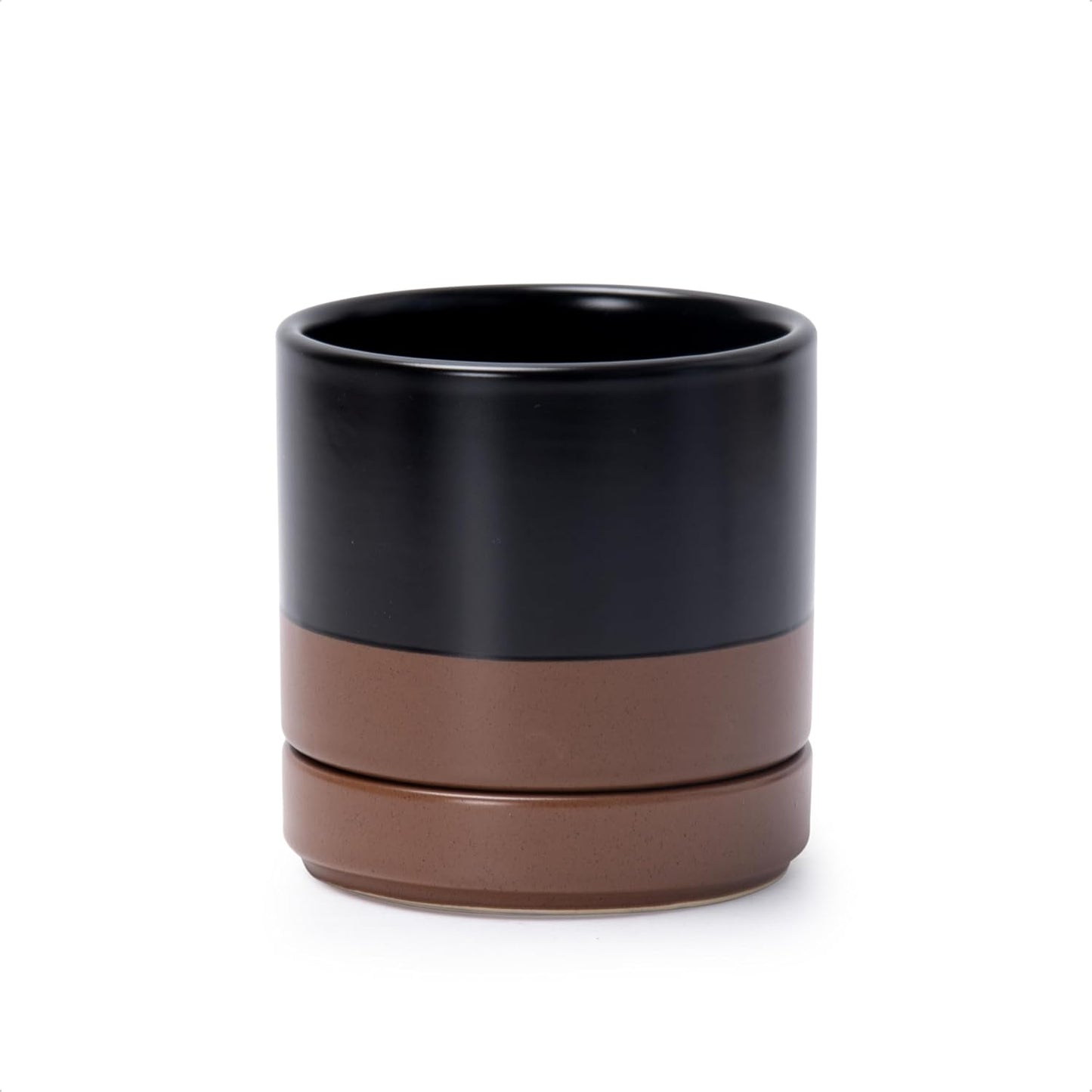 D'vine Dev 6.5 Inch Ceramic Planter Pot with Drainage Hole and Saucer, Indoor Cylinder Round Planter Pot, Olive, 94-O-C-J