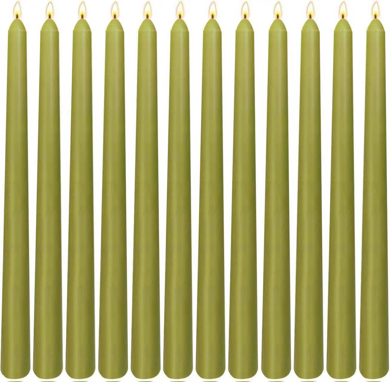 12-Pack Olive Green Taper Candles, 10 Inch Unscented Dripless Candlesticks, Long-Lasting Burn Time of 7-8 Hours, Perfect for Christmas Home Décor Spring and St. Patrick's Day