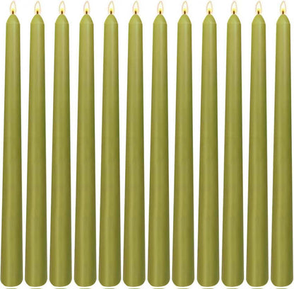 12-Pack Olive Green Taper Candles, 10 Inch Unscented Dripless Candlesticks, Long-Lasting Burn Time of 7-8 Hours, Perfect for Christmas Home Décor Spring and St. Patrick's Day