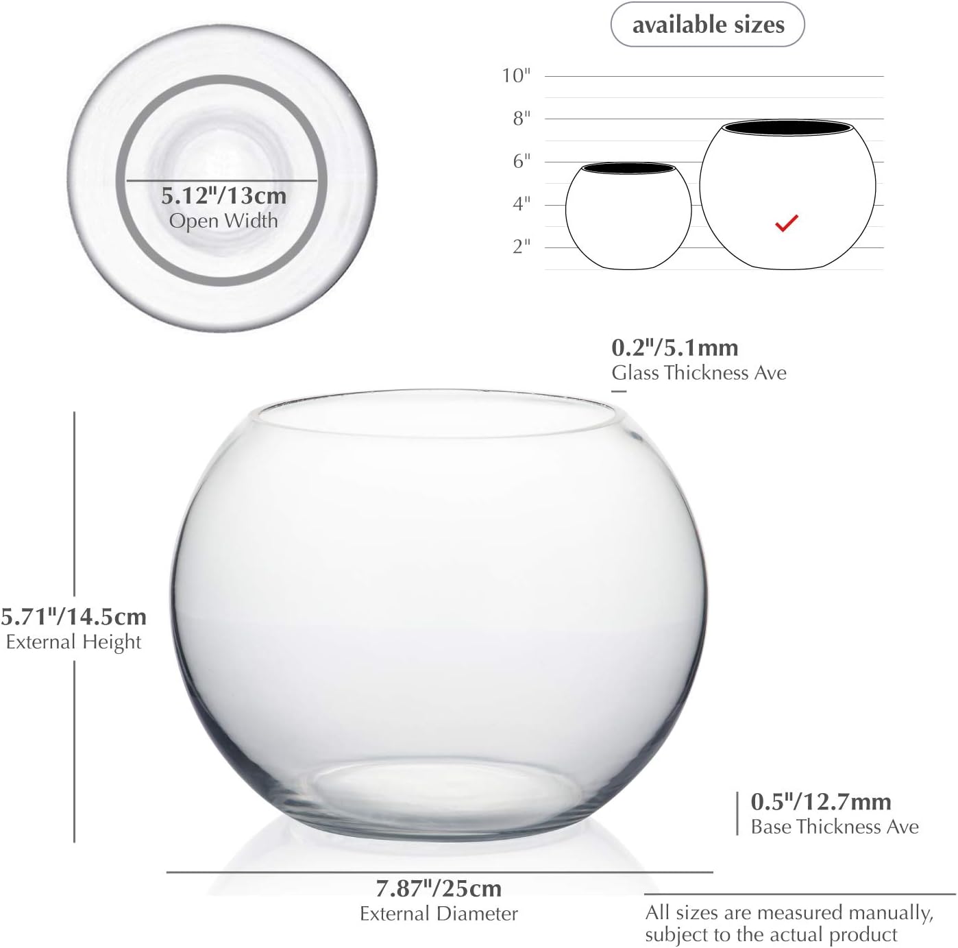 WGV Bowl Glass Vase, Diameter 6", Height 4.5", Open Width 4", (Multiple Sizes Choices) Clear Bubble Planter Terrarium Fish Bowl for Wedding Event Home Decor, 1 Piece (VBW0006A)