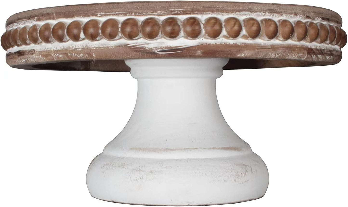 dwellington White Wash Round Display Wood Riser, 8.25” Shabby Chic Pedestal Tray Decor with Beads, Farmhouse Display Stands for Small Items in Coffee Bar, Bathroom, Kitchen Island