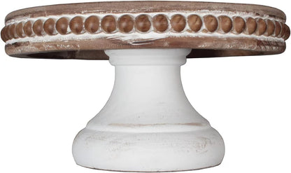 dwellington White Wash Round Display Wood Riser, 8.25” Shabby Chic Pedestal Tray Decor with Beads, Farmhouse Display Stands for Small Items in Coffee Bar, Bathroom, Kitchen Island