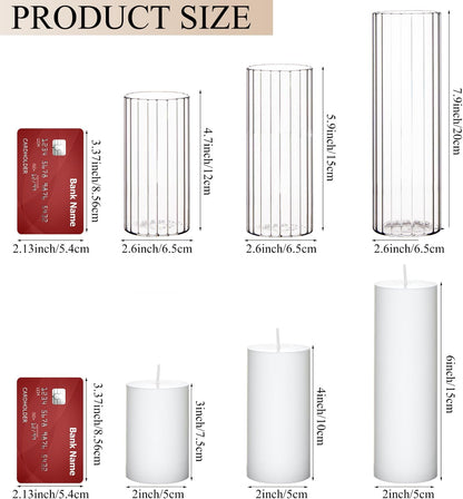 Set of 6 White Pillar Candles with Clear Glass Hurricane Holders- Elegant Cylinder Candle Vases for Weddings, Parties, Centerpieces, Home & Office Decor (White, 6 Set)