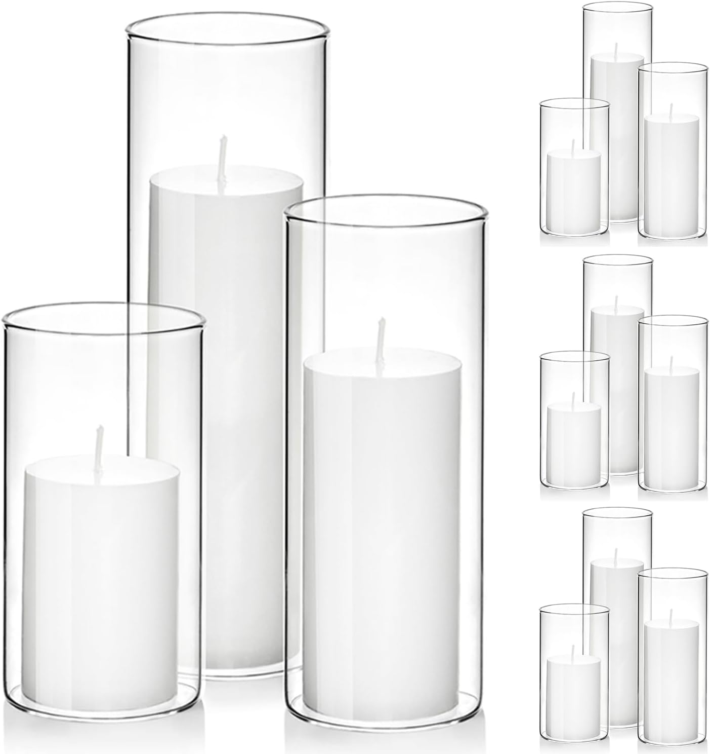 Set of 6 White Pillar Candles with Clear Glass Hurricane Holders- Elegant Cylinder Candle Vases for Weddings, Parties, Centerpieces, Home & Office Decor (White, 6 Set)