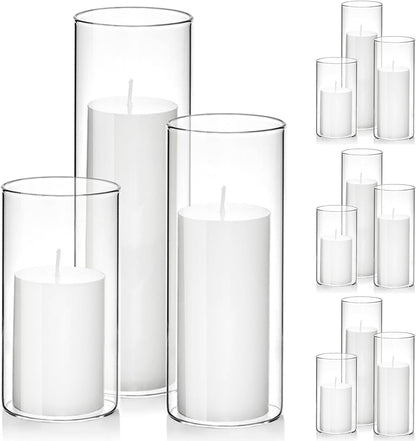 Set of 6 White Pillar Candles with Clear Glass Hurricane Holders- Elegant Cylinder Candle Vases for Weddings, Parties, Centerpieces, Home & Office Decor (White, 6 Set)