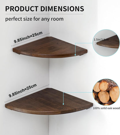 Corner Shelves, Floating Corner Shelf, Set of 2 7inch Solid Oak Wood Wall Shelves, Round End Wall Mount with Wire Hole Shelving for Small Plant for Bedroom Kitchen, Living Room