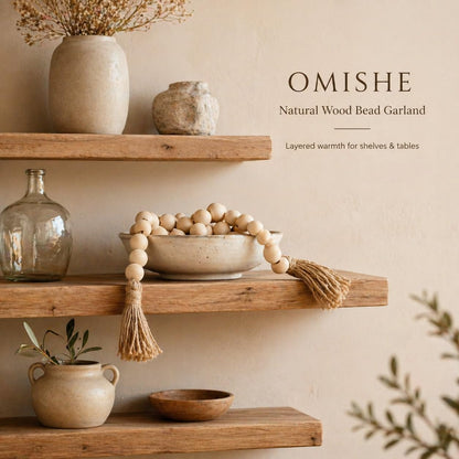 OMISHE Extra Large Wood Bead Garland with 1.6" Diameter Wooden Beads and Tassels, 41" Long Rustic Farmhouse Country Decorative Beads for Home Tiered Tray Decor, Natural Beige