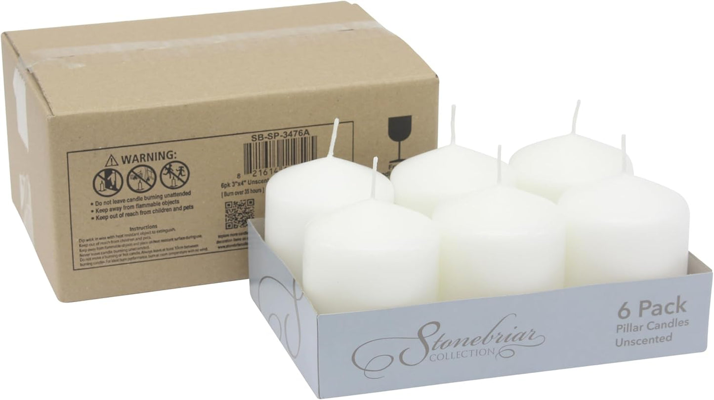 Stonebriar Unscented White Tall Pillar Candles, 65 Hour Burning Candle Pillars, Perfect for Decor, Weddings, Emergencies 3" X 6", 6 count