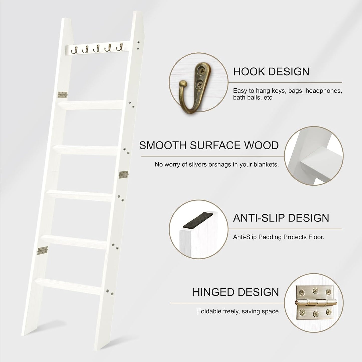 TEAKMAMA 6-Tier Blanket Ladder for Living Room and Bedroom,5.4 Ft Wall Leaning Quilt Rack with Hooks,Rustic Decorative Farmhouse Blanket Storage,Stylish Ladder Holder,Christmas Decorations,Black