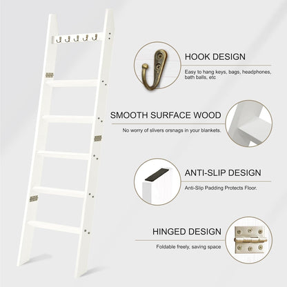 TEAKMAMA 6-Tier Blanket Ladder for Living Room and Bedroom,5.4 Ft Wall Leaning Quilt Rack with Hooks,Rustic Decorative Farmhouse Blanket Storage,Stylish Ladder Holder,Christmas Decorations,Black