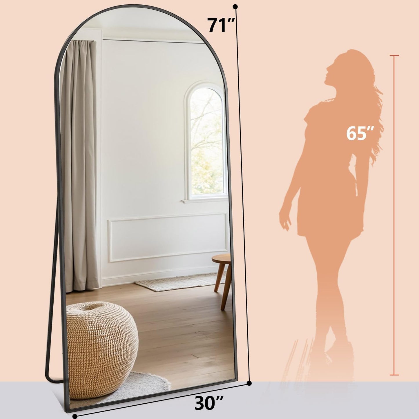 Prywot Arched Full Length Mirror, 70"x26" Free Standing Floor Mirror, Modern Full Body Mirrors with Stand, Wall Mirrors with Aluminum Alloy Frame for Bedroom,Living Room, Gold