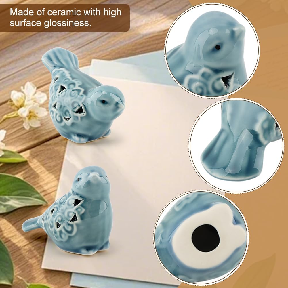 Set of 2 Blue Ceramic Bird Figurines, Glazed Bird Statues with Flower Detail, Farmhouse Modern Home Decor for Shelves, Bookcase, TV Stand, Entryway, Desk
