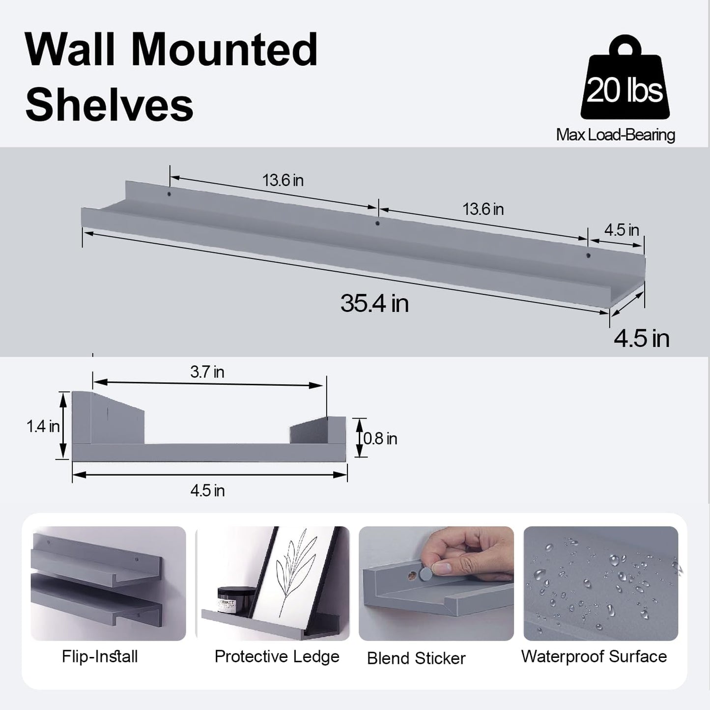 White Floating Shelves for Wall Decor, Wall Mounted Wood Storage Shelf for Bedroom, Living Room, Bathroom, Kitchen, Nursery, Display Picture Ledge Shelf with Lip Set of 2-14 Inches, White