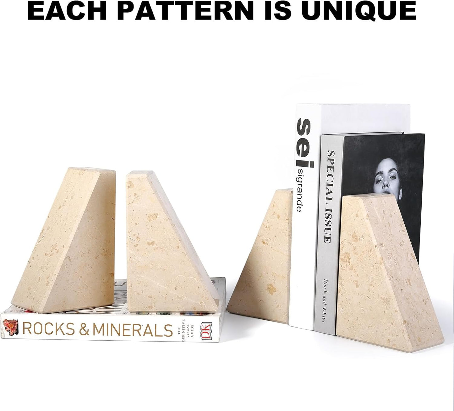 Karibiber Travertine Bookends for Heavy Books, Marble Decorative Bookends for Shelves, Heavy-Duty Stone Book Ends for Hardback Book & Cookbooks, Unique Book Stopper & Holder, Travertino Italy