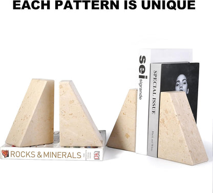 Karibiber Travertine Bookends for Heavy Books, Marble Decorative Bookends for Shelves, Heavy-Duty Stone Book Ends for Hardback Book & Cookbooks, Unique Book Stopper & Holder, Travertino Italy