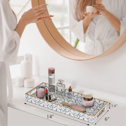 MAONAME White Decorative Tray, Plastic Serving Tray with Handles, Rectangular Moroccan Trays, Long Narrow Trays for Bathroom, Kitchen Counter, 13.8" X 6" X 1.57"