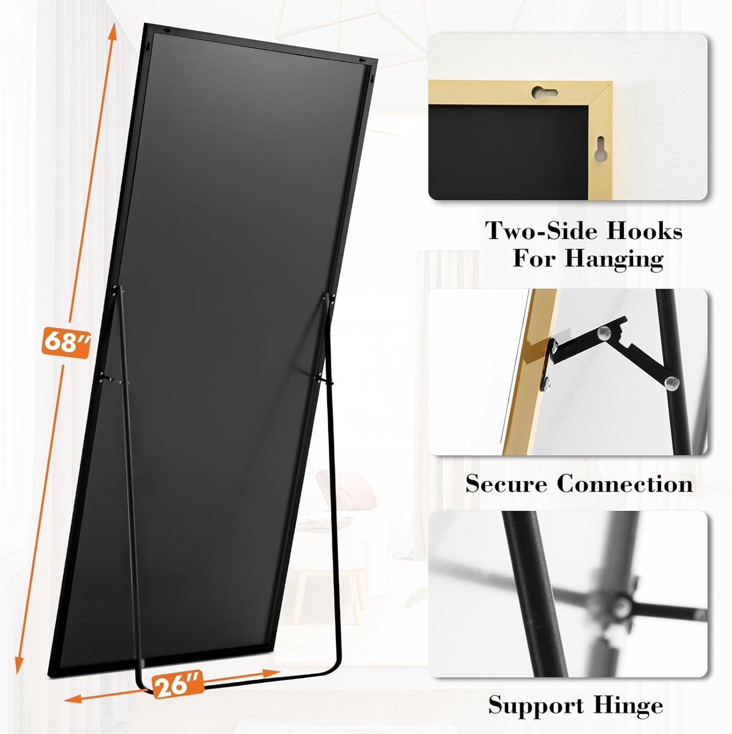 DUMOS Full Length Mirror 64"x21" Full Body Floor Mirror for Bedroom or Cloakroom, Can Stand Alone, Hang or Lean Against Wall, Tall Wall Mirror with Stand, Black