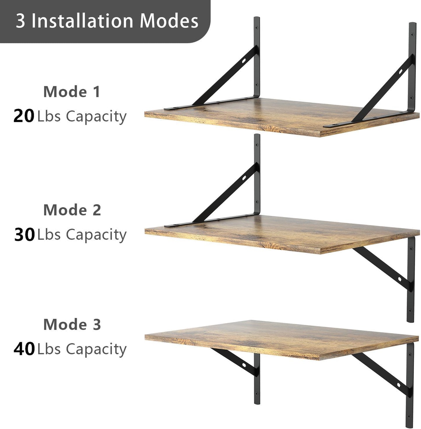 Deep Floating Wall Shelves - 4 Sets of 12 Inch Wide Black Wood Shelves for Bathroom, Bedroom, Kitchen, Living Room