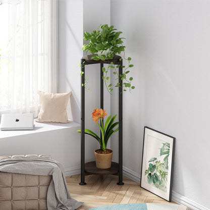 Plant Stand Indoor Corner Tall 2 Tier Metal Modern Flower Storage Plant Shelf Holder for Living Room Balcony Garden,Black (2 Tier-Black Round)