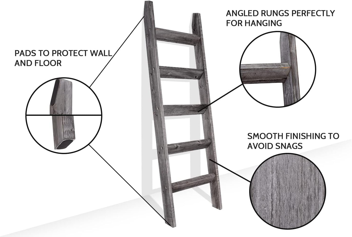 FUIN 5ft (58") Wood Blanket Ladder Living Room Decorative Wall Leaning Farmhouse Quilt Display Holder Storage Rustic Wooden Towel Rack for Bathroom, Brown