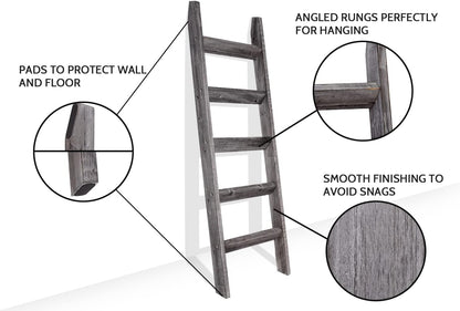 FUIN 5ft (58") Wood Blanket Ladder Living Room Decorative Wall Leaning Farmhouse Quilt Display Holder Storage Rustic Wooden Towel Rack for Bathroom, Brown
