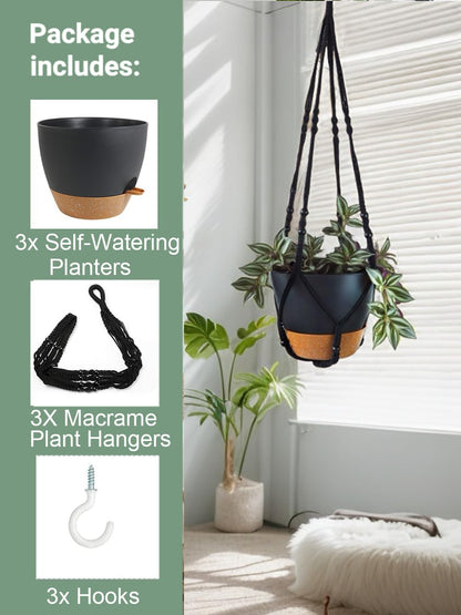 Bouqlife Hanging Planters with Macrame Plant Hangers for Indoor Outdoor Plants 3 Set Self Watering Pots Hanging Baskets Flower Pot Holders 3 Different Size
