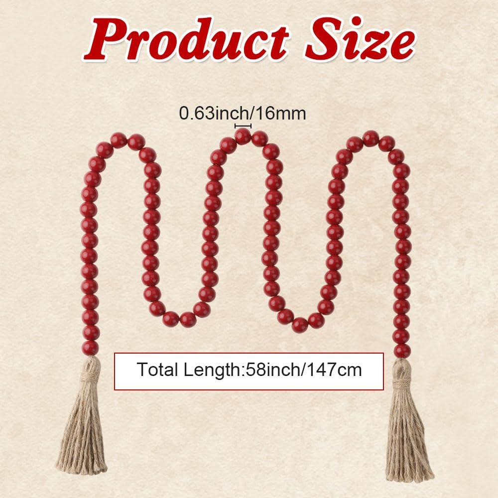 Wood Bead Garland 58 Inch Nature Wooden Beads for Boho Farmhouse Table Home Decor with Tassel, Wooden Prayer Bead, Rustic Country Boho Wall Hanging Decor for Kitchen Modern Living Room Tray Vase Shelf