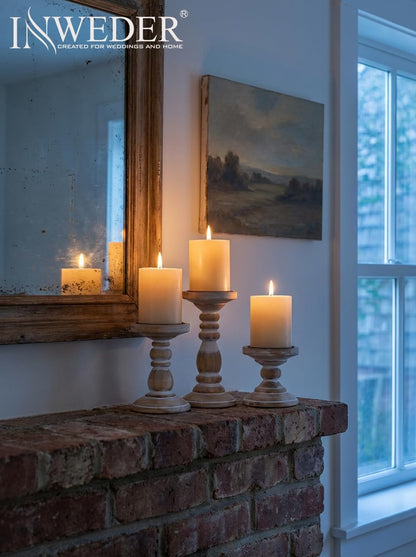 Wood Pillar Candle Holder: 3Pcs Rustic White Candle Holders for Pillar Candles Wood Candle Holders Distressed Wooden Farmhouse Candle Holder Large Rustic Candle Holder for Fireplace Table