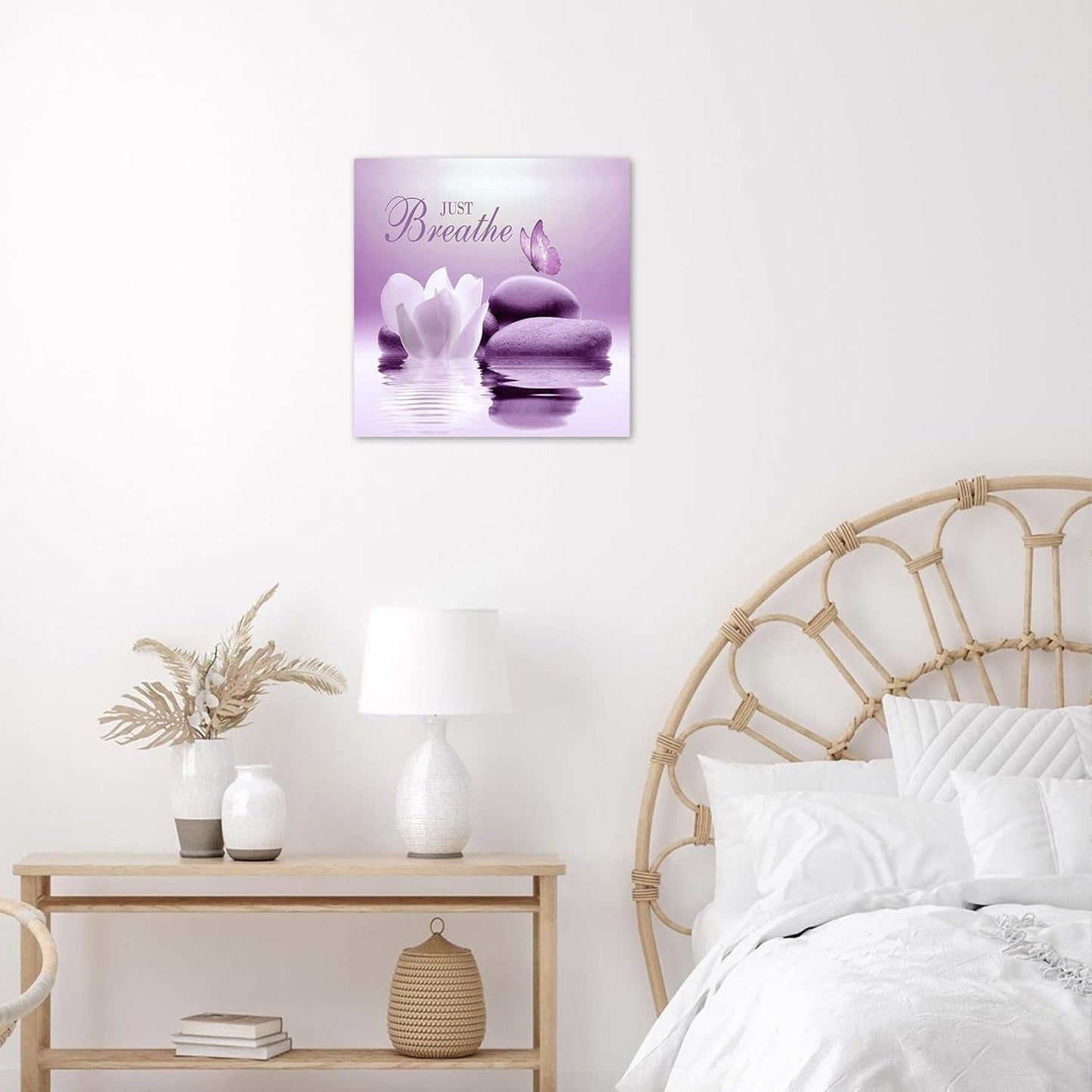 EOBTAIN Zen Flower Canvas Wall Art Bathroom Butterfly and Water Lily Stone Relaxing Spiritual Yoga Framed Wall Art Just Breathe Pictures Canvas Wall Decor for Living Room Bedroom,12x16 Inches