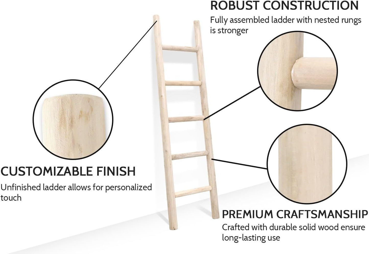 FUIN 57in Wood Blanket Ladder Living Room Decorative Wall Leaning Farmhouse Quilt Display Holder Rustic Wooden Towel Rack for Bathroom, Brown