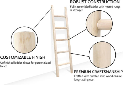 FUIN 57in Wood Blanket Ladder Living Room Decorative Wall Leaning Farmhouse Quilt Display Holder Rustic Wooden Towel Rack for Bathroom, Brown