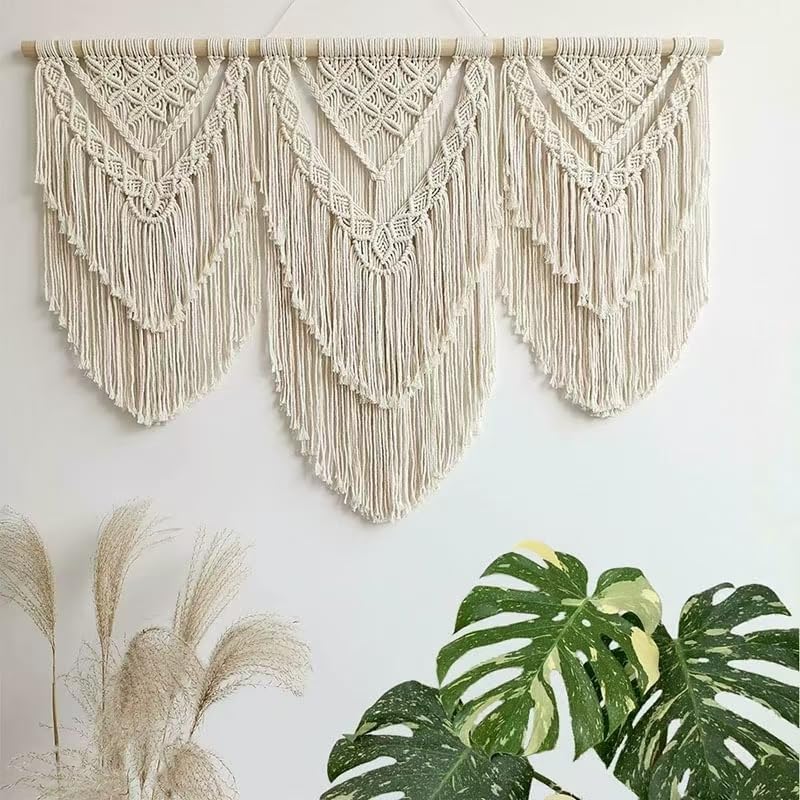 oiikain Large Handmade Boho Macrame Wall Hanging Tapestry - Chic Bohemian Woven Home Decor art for Living Room, Bedroom, and Wedding Parties (Beige, twelve rhombus)