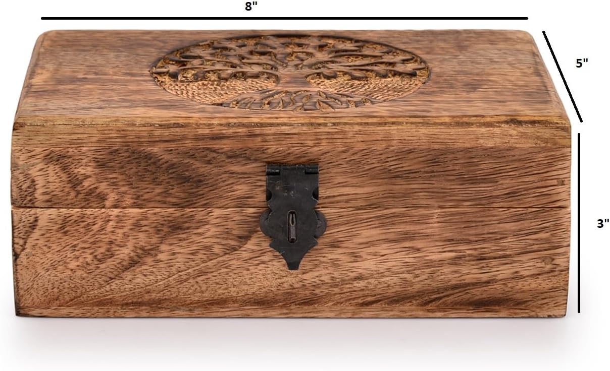 Samhita Handmade Mango Wood Tree of Life Engraving Beautifully Keepsake Box Jewellery Organiser Unique Gift Ideas for Men & Women (Flame Work Finish)