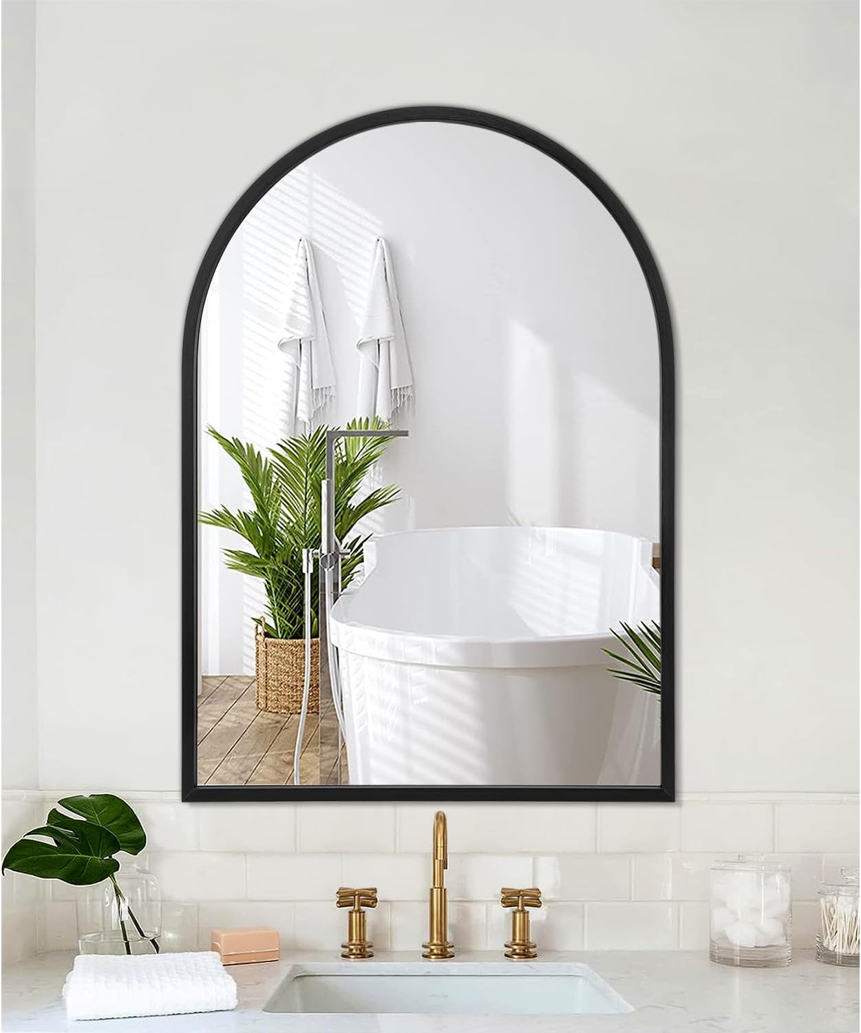 Black Arched Wall Mirror Aluminum Alloy Frame Bathroom Mirror Brushed Metal Vanity Wall Mounted Mirror for LivingRoom Bedroom Entryway Room Home Decor 16"x12"