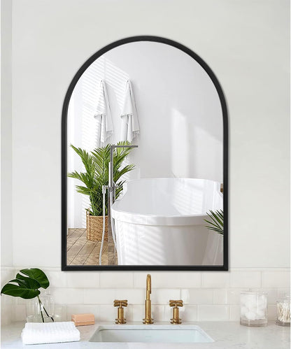 Black Arched Wall Mirror Aluminum Alloy Frame Bathroom Mirror Brushed Metal Vanity Wall Mounted Mirror for LivingRoom Bedroom Entryway Room Home Decor 16"x12"