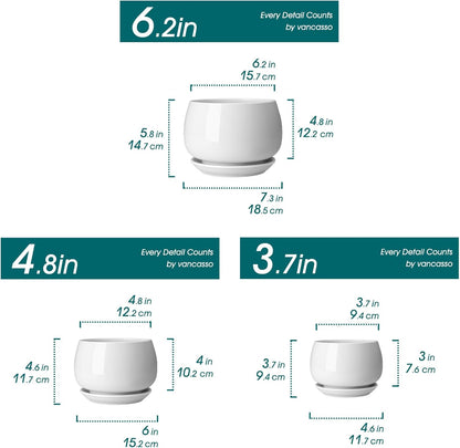 vancasso 3-Pack Ceramic Plant Pots, 3.7/4.8/6.2 Inch Indoor Planters with Saucers & Drainage Hole Planter pots for Indoor Plants and Flower, White