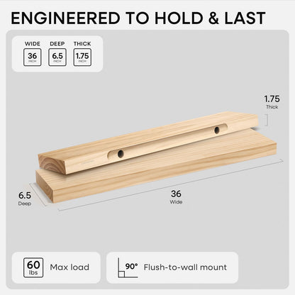 Homeforia 24 inch Natural Floating Shelf, High End Solid Real Wood 24inch Small Floating Shelves for Wall Mounted, Natural Wooden Floating Shelves, Heavy Duty Bracket, 24 X 6.5 X 1.75 in, Set of 2