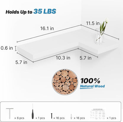 NATURE'S SOURCE Floating Corner Shelves with Invisible Brackets Set of 3, Corner Shelves Wall Mounted, for Home Bedroom Bathroom Kitchen Living Room Office- 16.1" x 11.5" (Pure White)