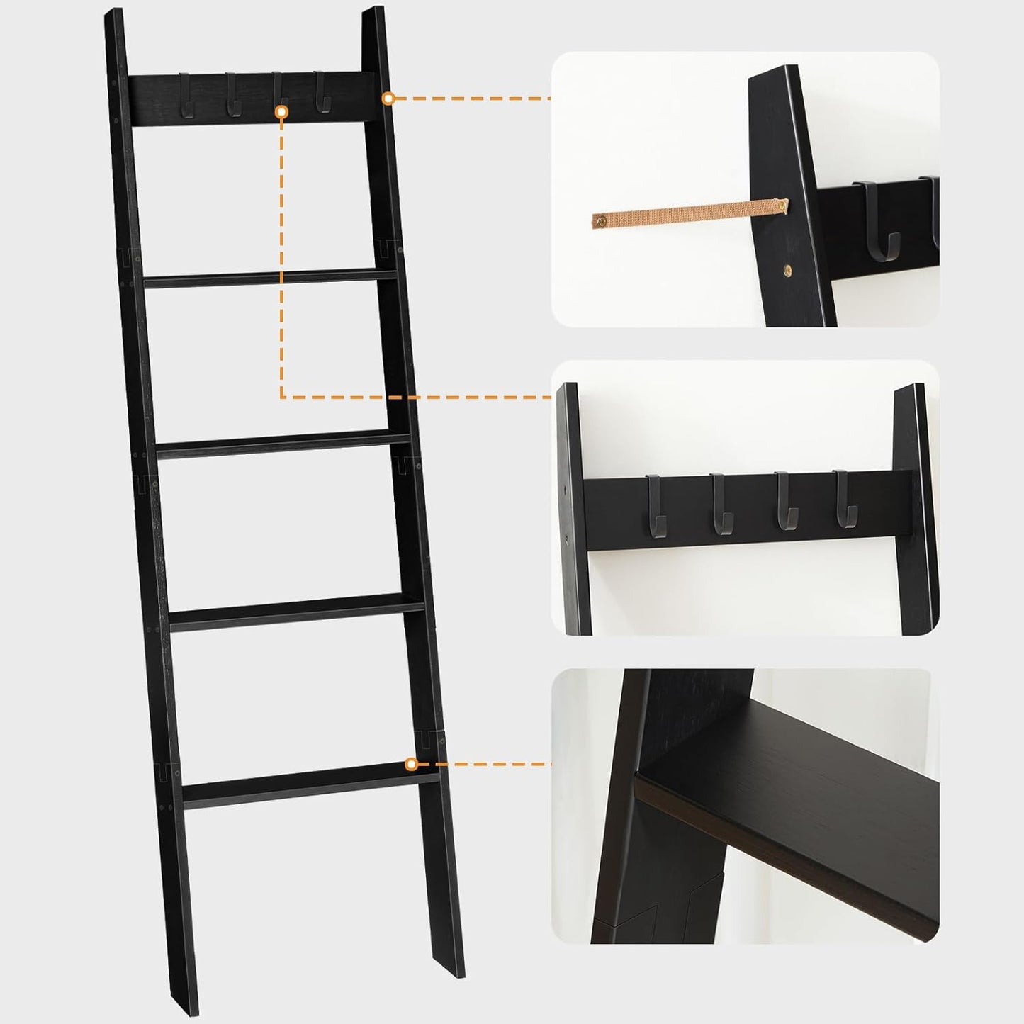 HOOBRO Blanket Ladder for Living Room and Bedroom, 5-Tier Wall Leaning Towel Rack for Bathroom, Decorative Ladder Shelf with 4 Removable Hooks, Farmhouse Blanket Storage, Mocha MA51CJ01G1