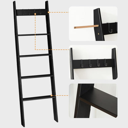 HOOBRO Blanket Ladder for Living Room and Bedroom, 5-Tier Wall Leaning Towel Rack for Bathroom, Decorative Ladder Shelf with 4 Removable Hooks, Farmhouse Blanket Storage, Mocha MA51CJ01G1
