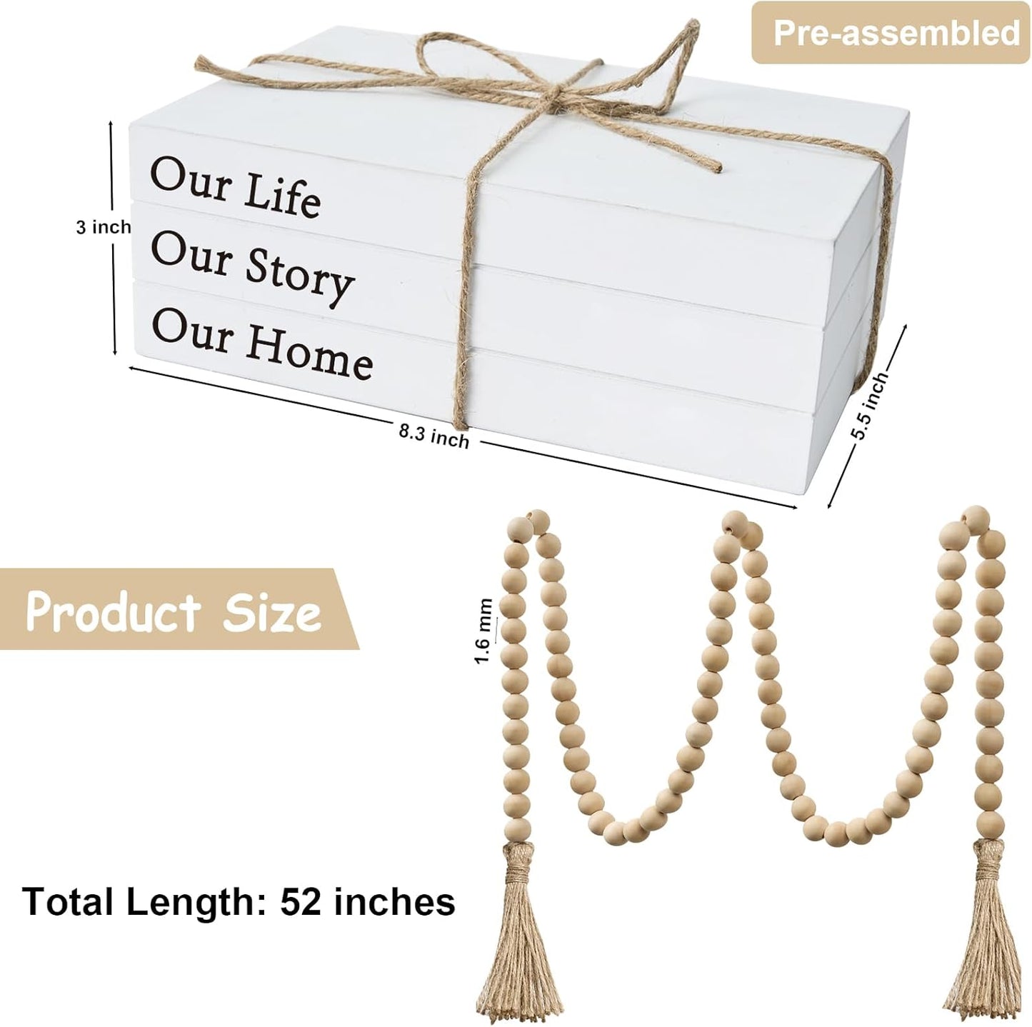 Decorative Books for Home Decor, White Faux Books for Decoration, Rustic Farmhouse Stacked Display Books with 52in Wood Bead Garland for Coffee Tables Living Room (TAKE TIME to DO)