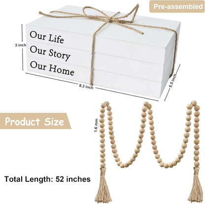 Decorative Books for Home Decor, White Faux Books for Decoration, Rustic Farmhouse Stacked Display Books with 52in Wood Bead Garland for Coffee Tables Living Room (TAKE TIME to DO)
