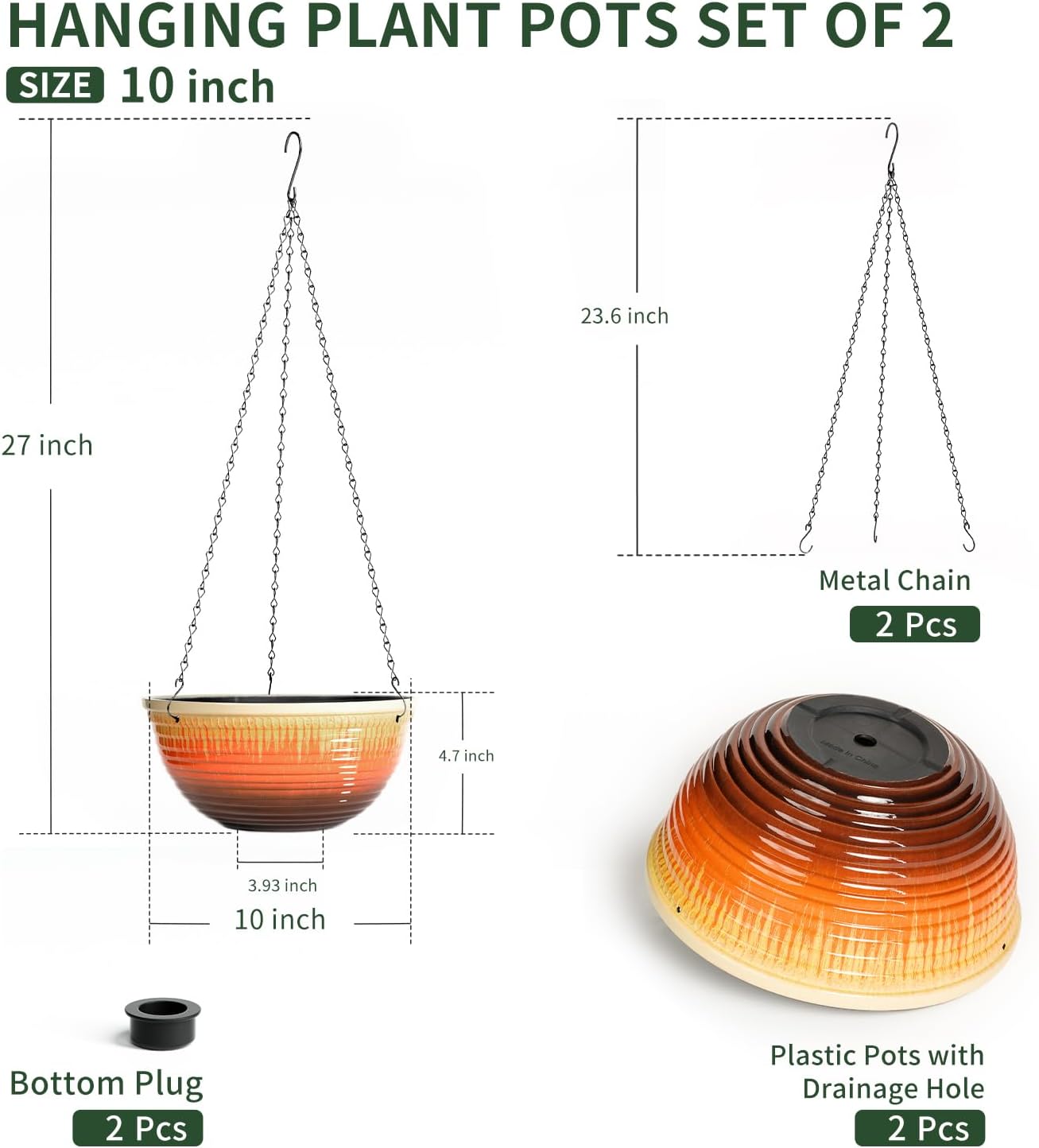 12 inch Large Hanging Planters for Indoor Outdoor Plants, Set of 2 Glazed Hanging Flower Pots with Drainage Hole, Hanging Baskets for Garden Home Porch Decor