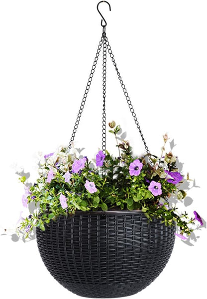 Vencer 11 Inch Round Resin Rattan Hanging Planters,Self Watering Hanging Basket for Indoor Outdoor Plants,Hanging Flower Pots with Drain Hole and Metal Chain,Water Indicator,Coffee,VF-A15-C