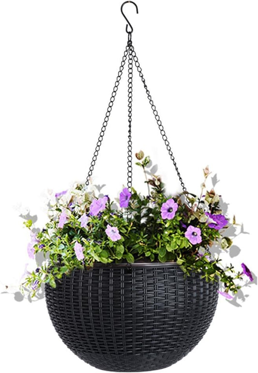 Vencer 11 Inch Round Resin Rattan Hanging Planters,Self Watering Hanging Basket for Indoor Outdoor Plants,Hanging Flower Pots with Drain Hole and Metal Chain,Water Indicator,Coffee,VF-A15-C