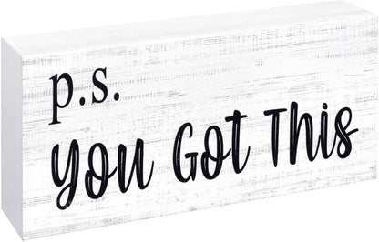 Esur Motivational Home Office Desk Black Decor - Farmhouse Wooden Box Sign Gift for Women - P.S. You Got This