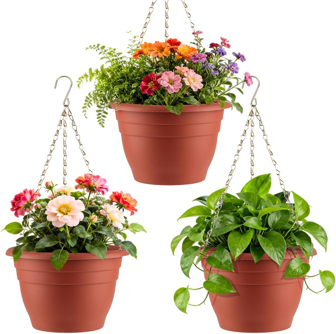 RooTrimmer Hanging Planters for Indoor Outdoor Plants 8 and 10 Inch, 4 Packs Hanging Flower Pot with Drainage Holes, Self-Watering Hanging Basket Perfect for Home, Office and Garden, White