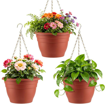 RooTrimmer Hanging Planters for Indoor Outdoor Plants 8 and 10 Inch, 4 Packs Hanging Flower Pot with Drainage Holes, Self-Watering Hanging Basket Perfect for Home, Office and Garden, White