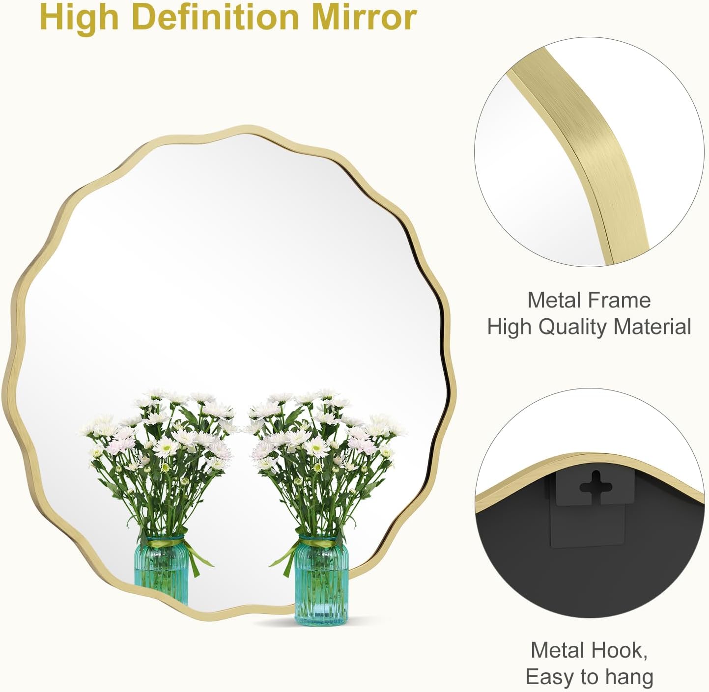 WallBeyond Round Wavy Mirror for Wall Decorative 24 inch, Modern Round Mirror Aluminum Frame for Bathroom Bedroom Living Room Home House Office Entryway, Gold