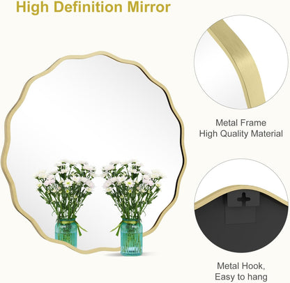WallBeyond Round Wavy Mirror for Wall Decorative 24 inch, Modern Round Mirror Aluminum Frame for Bathroom Bedroom Living Room Home House Office Entryway, Gold